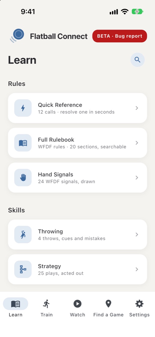 The Learn tab: Quick Reference, Full Rulebook, Hand Signals, Throwing and Strategy