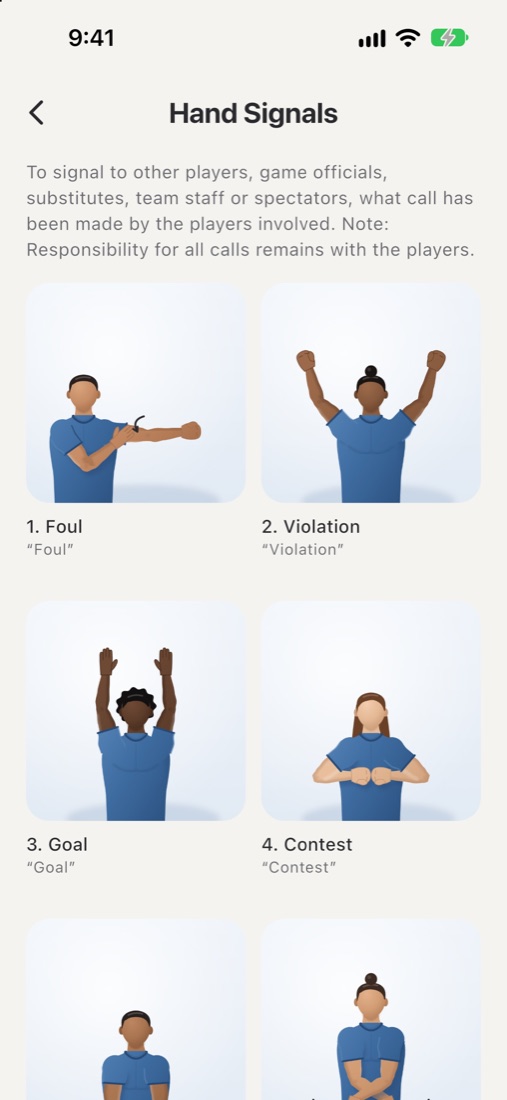 The hand signals, each drawn: Foul, Violation, Goal, Contest